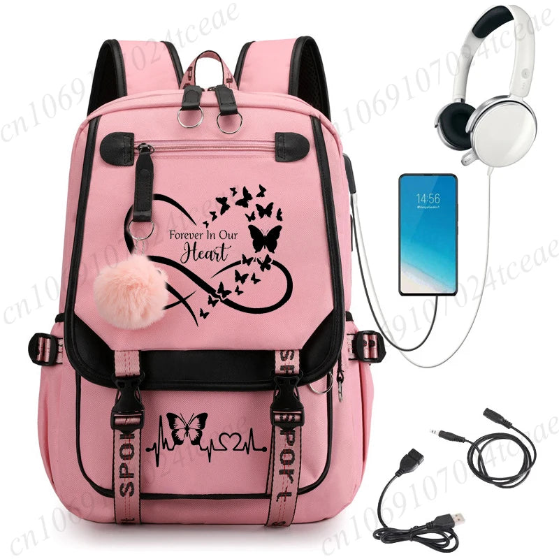 HeartWings™ – Elegante mochila escolar USB con estampado de mariposas y corazones
