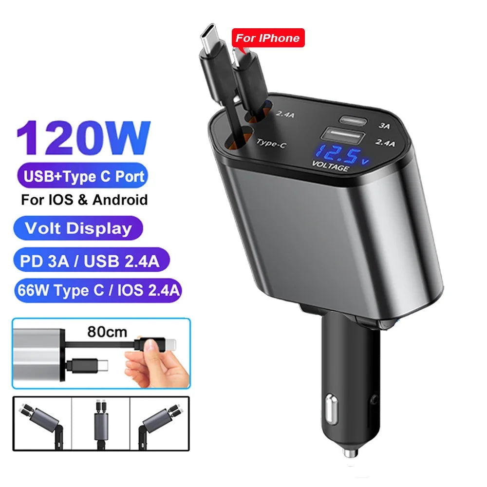 4-in-1 Car Charger – Fast Charge with Starlight Roof Effect