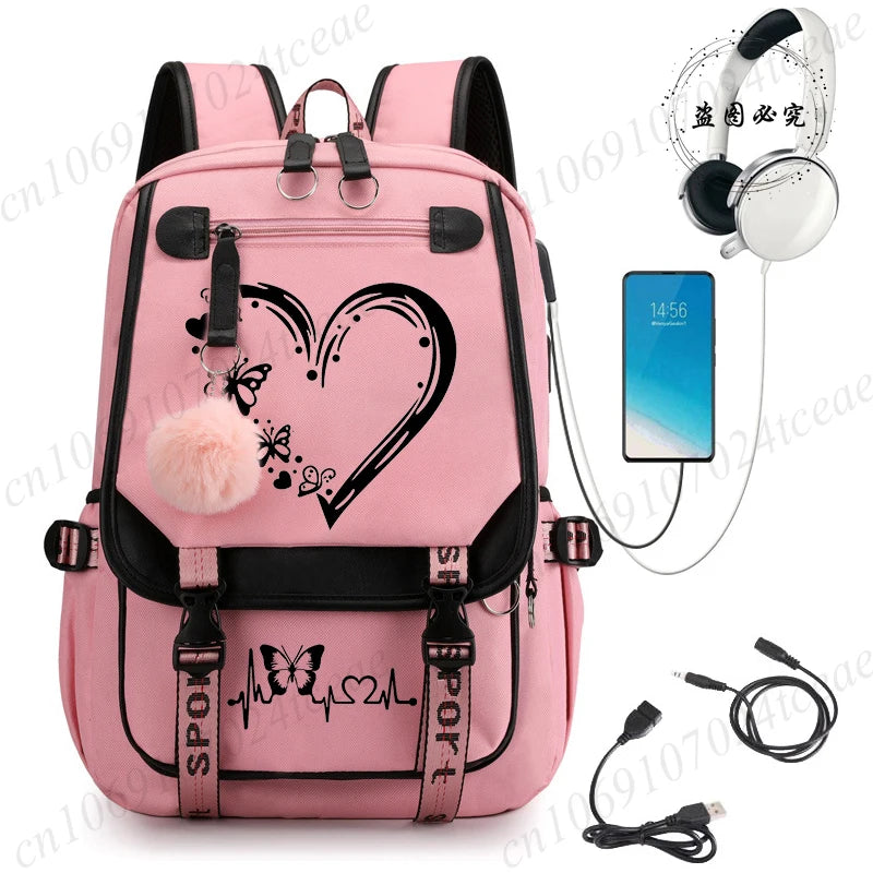 HeartWings™ – Elegante mochila escolar USB con estampado de mariposas y corazones