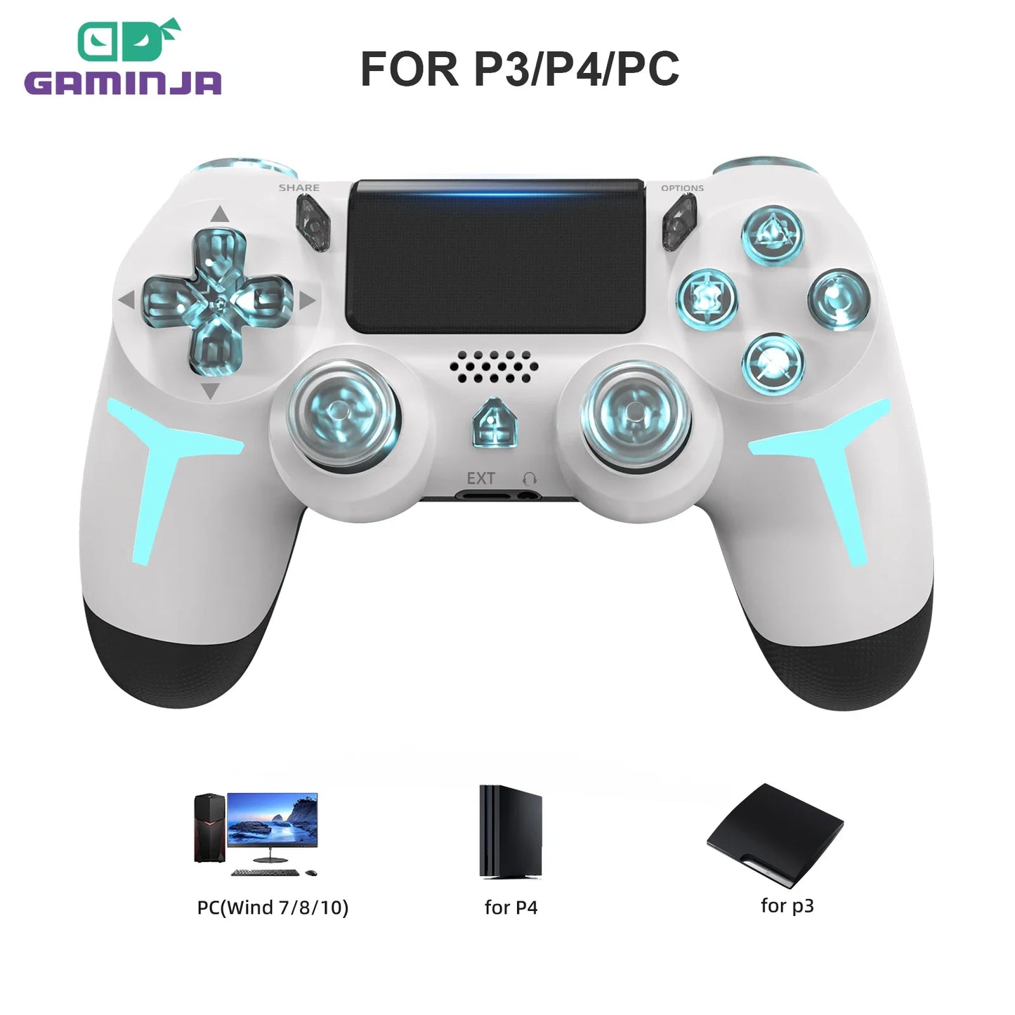 Gamepad inalámbrico RGB Gaminja™: controlador Bluetooth LED con doble vibración y movimiento de 6 ejes