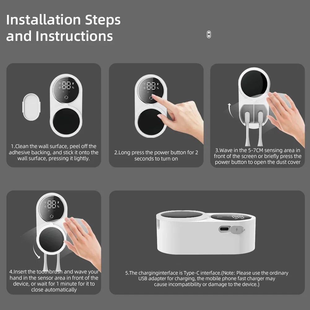 USB Charging Toothbrush Sterilizer UV Light Sanitizer Case Wall-Mounted Holder Smart Sensor Switch Oral Hygiene Travel Home Use