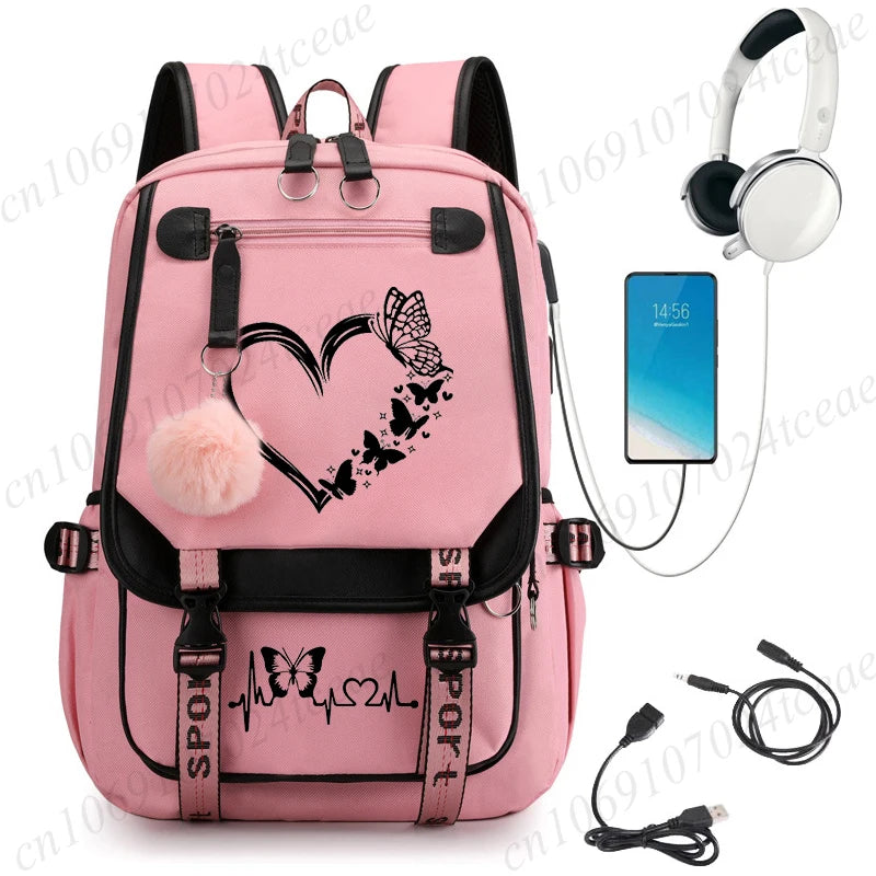HeartWings™ – Elegante mochila escolar USB con estampado de mariposas y corazones