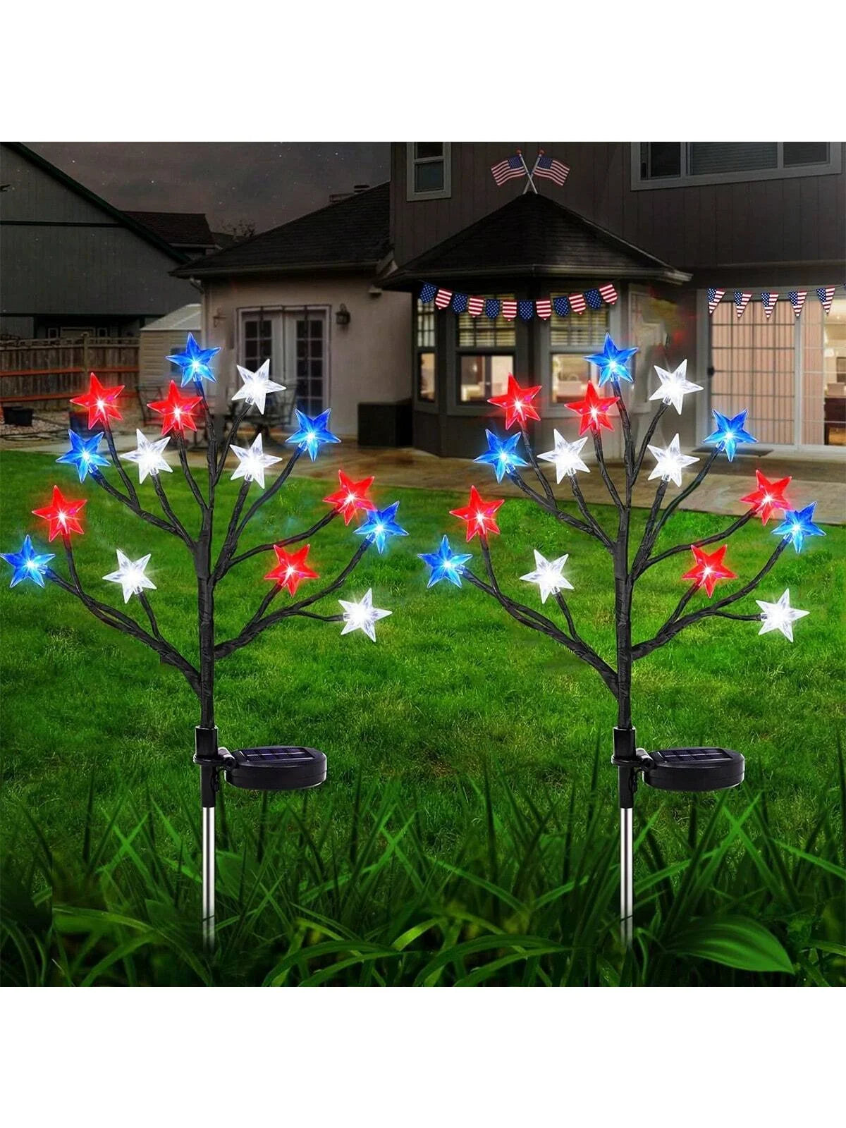 1/2PCS 15LED Red White Blue Star Solar Lights Outdoor Waterproof Fairy Atmosphere Night Light Independence Day 4th Of July Decor