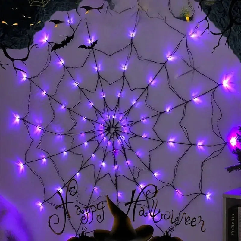 Halloween Spider Web String Lights – 1.2m 70-LED Waterproof Purple Net Light for Party & Outdoor Decor