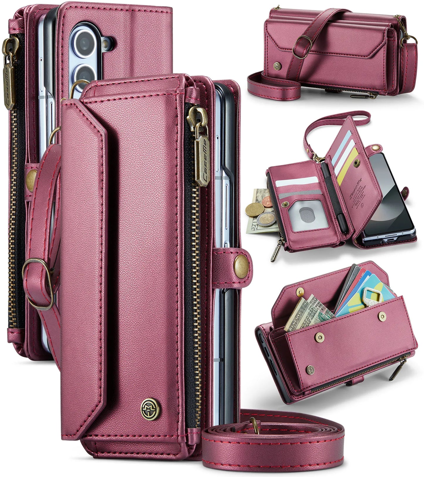 Funda tipo cartera plegable para Samsung Galaxy Z: piel sintética con correa, cremallera y tarjetero (modelos 4/5/6/7)