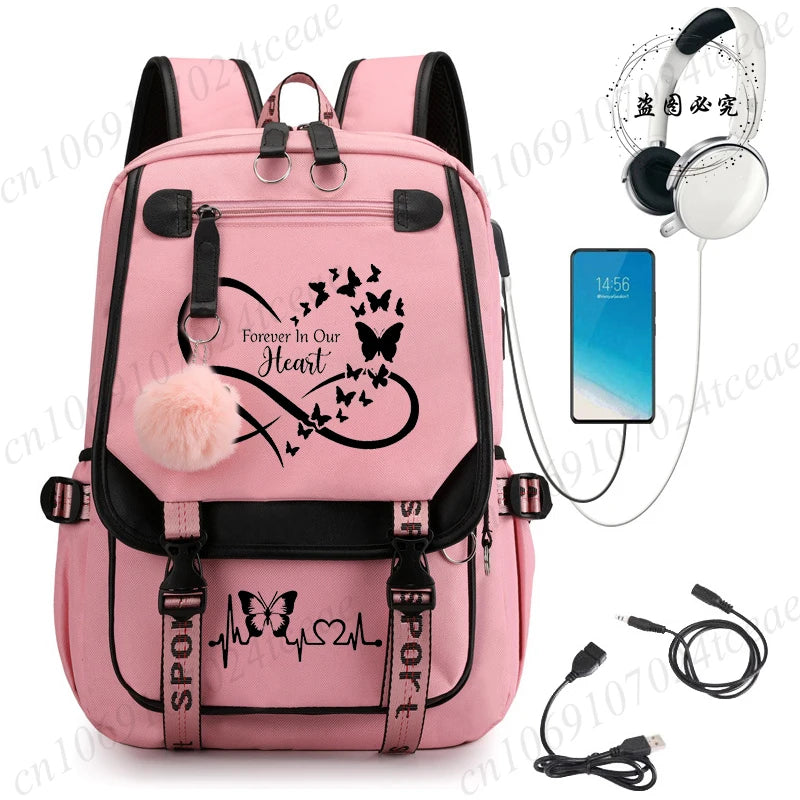 HeartWings™ – Elegante mochila escolar USB con estampado de mariposas y corazones