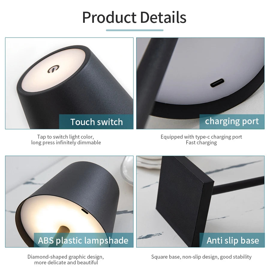 Rechargeable LED Table Lamp – Touch Control 3-Level Dimmable Desk & Ambient Light for Home, Bar & Dining