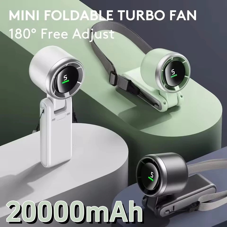 Ventilateur de cou et de bureau TurboCool™ 20 000 mAh – Ventilateur de voyage portable pliable à 5 vitesses avec rotation à 180°