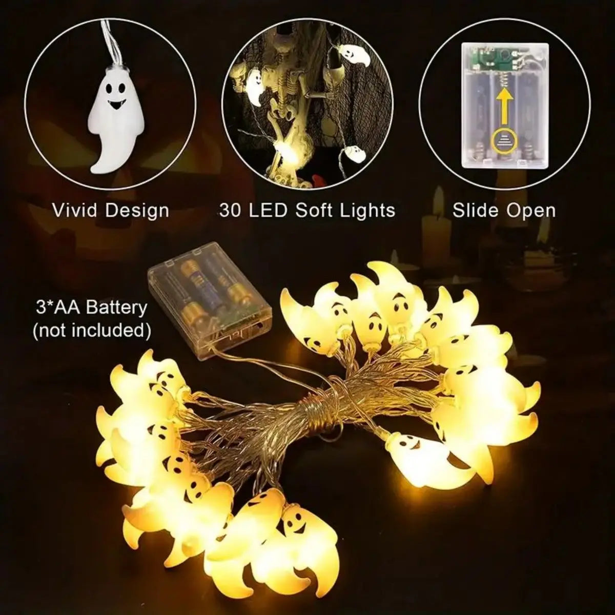 👻 "3m Halloween Ghost String Lights – 10/20 LED Battery-Powered Fairy Lights for Spooky Party & Home Decor"