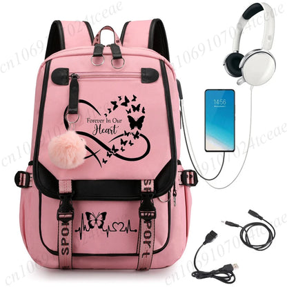 HeartWings™ – Elegante mochila escolar USB con estampado de mariposas y corazones 