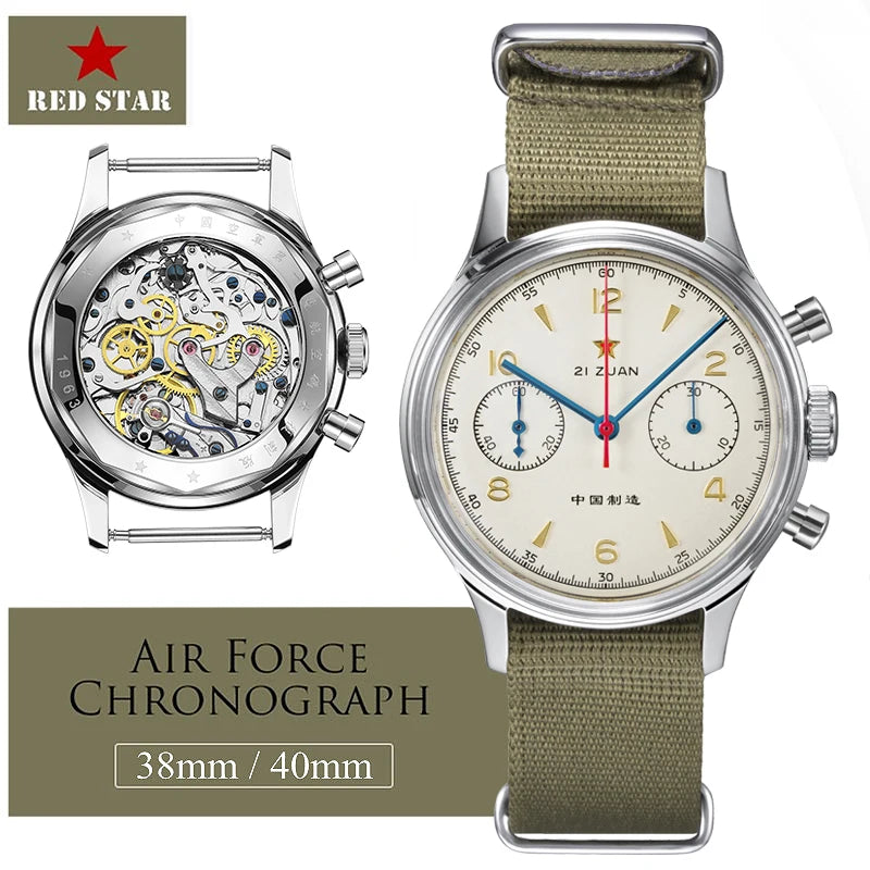 RED STAR 38 Heritage pour homme – Chronographe d'aviation classique avec mouvement mécanique authentique 