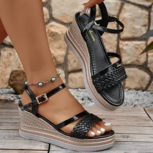 Sandalias de cuña para mujer, zapatos de vestir con plataforma, punta abierta, hebilla y tacón alto, ¡Novedad de 2025!