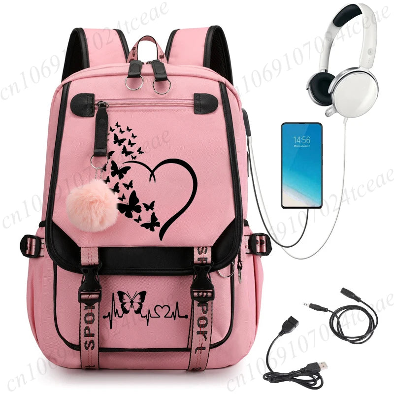 HeartWings™ – Elegante mochila escolar USB con estampado de mariposas y corazones 