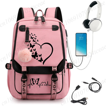 HeartWings™ – Elegante mochila escolar USB con estampado de mariposas y corazones 