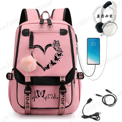 HeartWings™ – Elegante mochila escolar USB con estampado de mariposas y corazones 