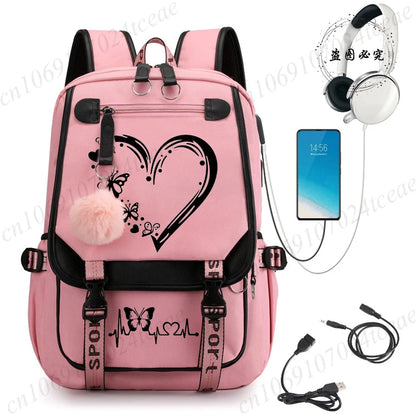 HeartWings™ – Elegante mochila escolar USB con estampado de mariposas y corazones 