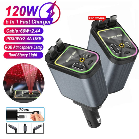 Cargador de coche 4 en 1: carga rápida con efecto techo estrellado