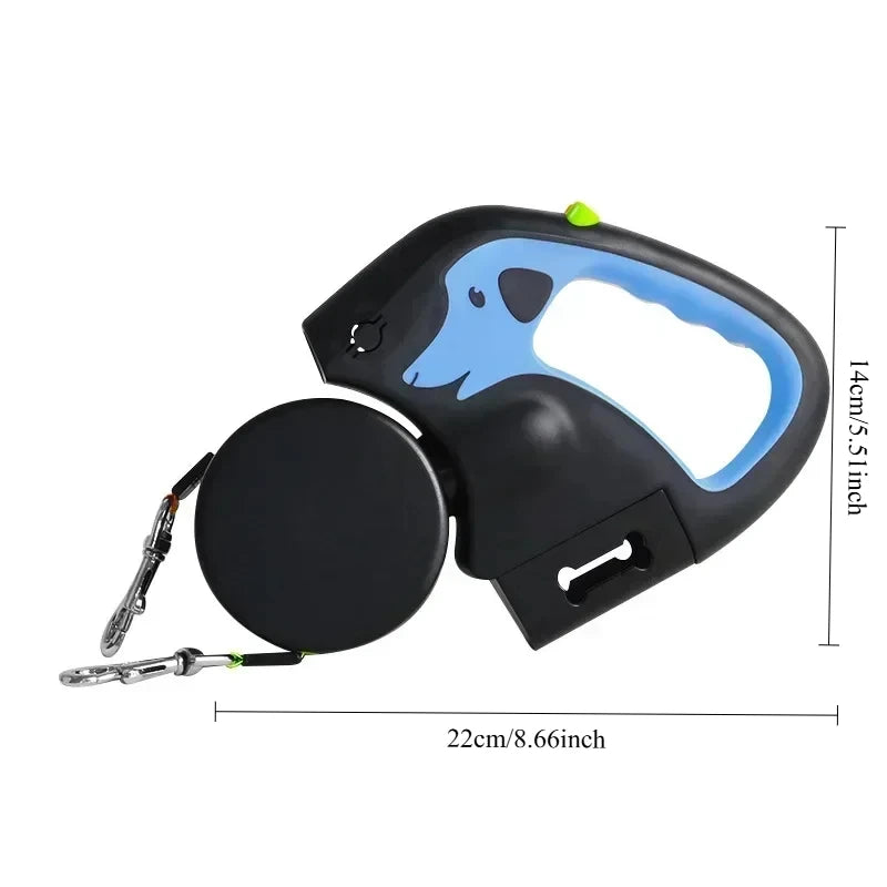 3M Retractable Leash for 2 Dogs with Flashlight & Poop Bag Holder