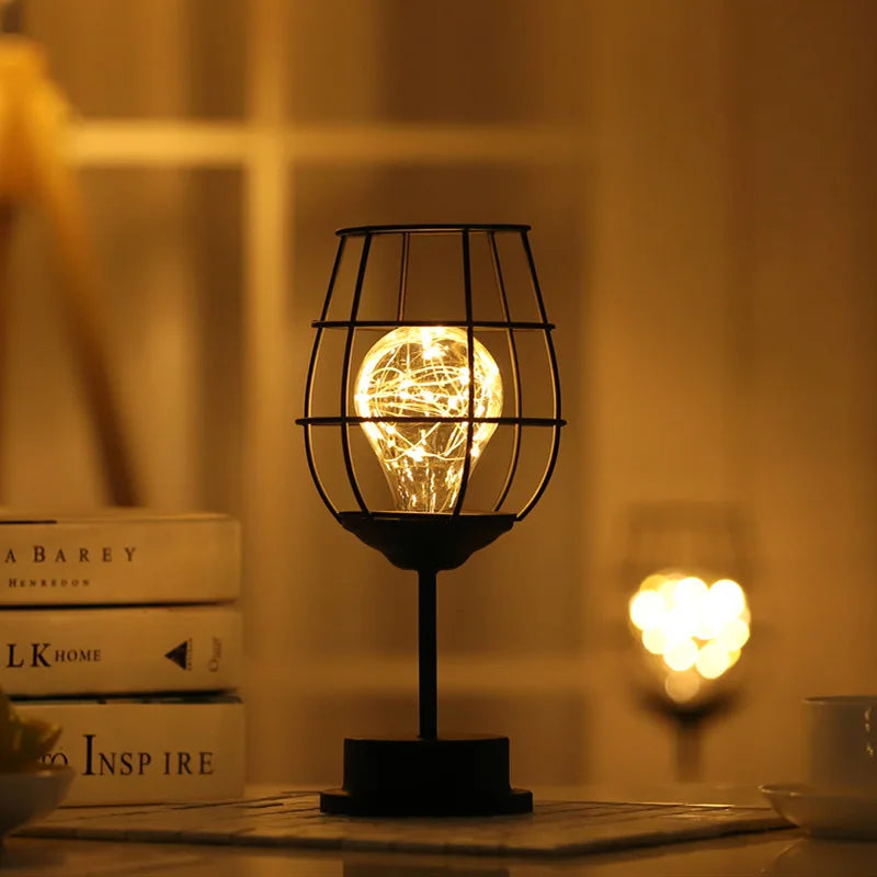 Iron Cage LED Night Light – Battery-Powered Decorative Table Lamp for Bedroom & Living Room