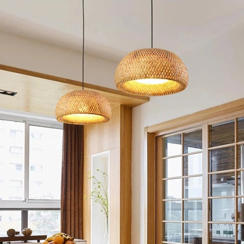 Handmade Bamboo Pendant Lamp – 38cm Natural Rattan Wicker Hanging Light with E27 LED Lampshade