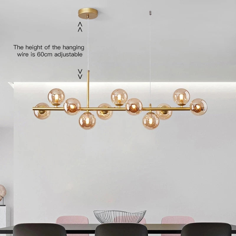 Nordic Modern LED Pendant Gold Light Glass Ball 11 Heads Hanging Lamp for Kitchen Living Dining Room Suspension Luminaire Design