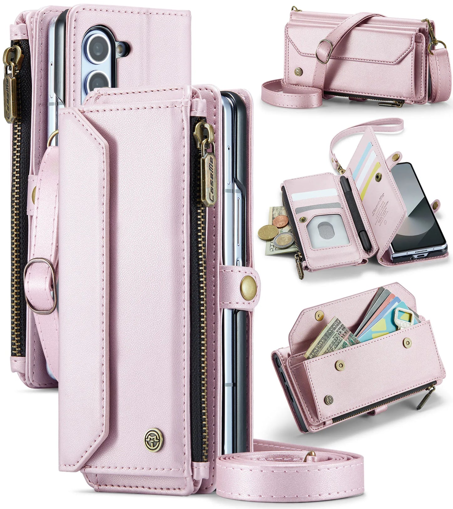Étui portefeuille pour Samsung Galaxy Z Fold – Cuir PU avec sangle, fermeture éclair et porte-cartes (modèles 4/5/6/7)