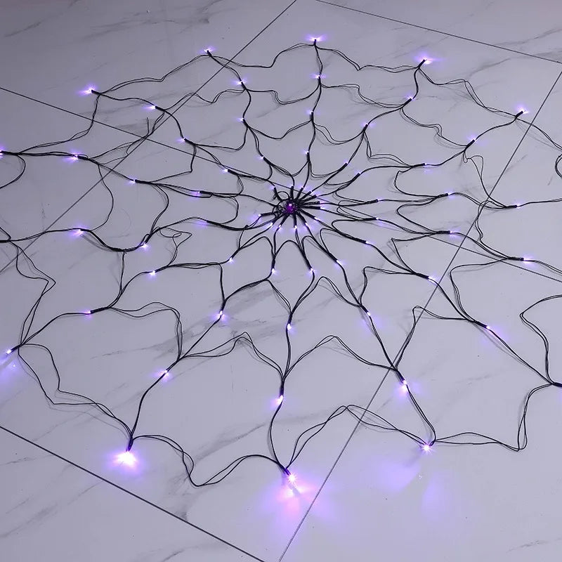 Halloween Spider Web String Lights – 1.2m 70-LED Waterproof Purple Net Light for Party & Outdoor Decor