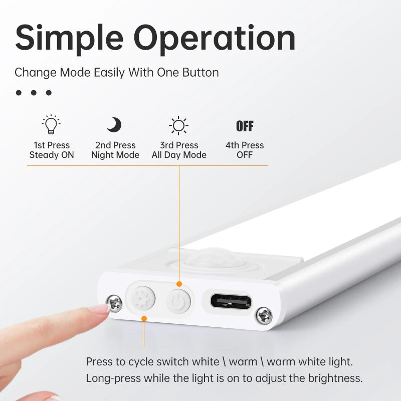 LED Motion Sensor Night Light – Wireless USB Wardrobe & Cabinet Lamp, 20/30/40/60CM for Kitchen & Bedroom