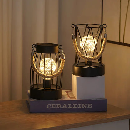 Iron Cage LED Night Light – Battery-Powered Decorative Table Lamp for Bedroom & Living Room