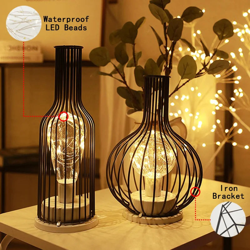Iron Cage LED Night Light – Battery-Powered Decorative Table Lamp for Bedroom & Living Room