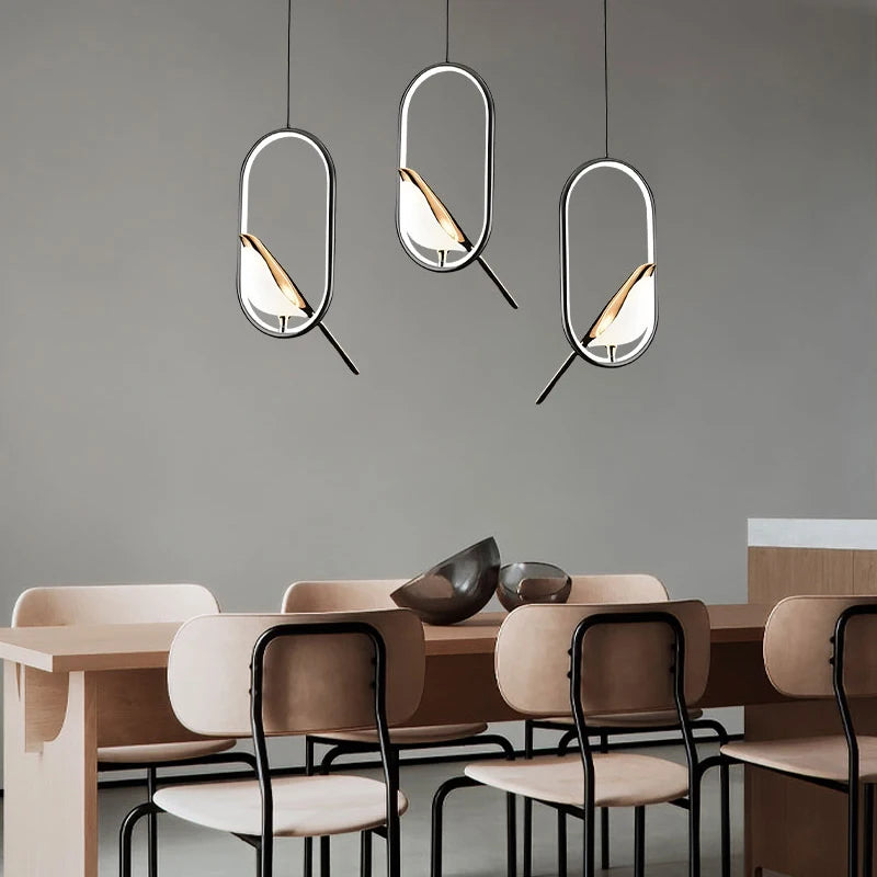 Magpie Bird LED Pendant Lamp – Modern Black & Silver Hanging Light for Bedroom & Living Room