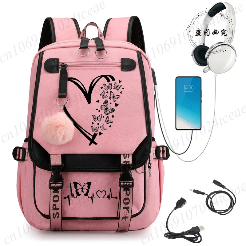 HeartWings™ – Elegante mochila escolar USB con estampado de mariposas y corazones 