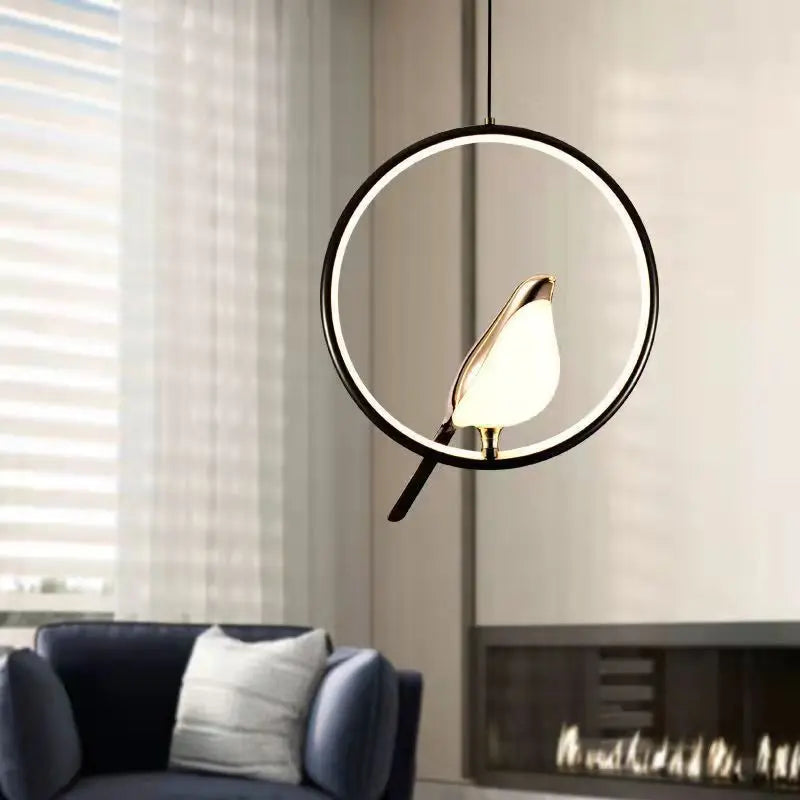 Magpie Bird LED Pendant Lamp – Modern Black & Silver Hanging Light for Bedroom & Living Room