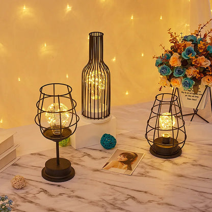 Iron Cage LED Night Light – Battery-Powered Decorative Table Lamp for Bedroom & Living Room