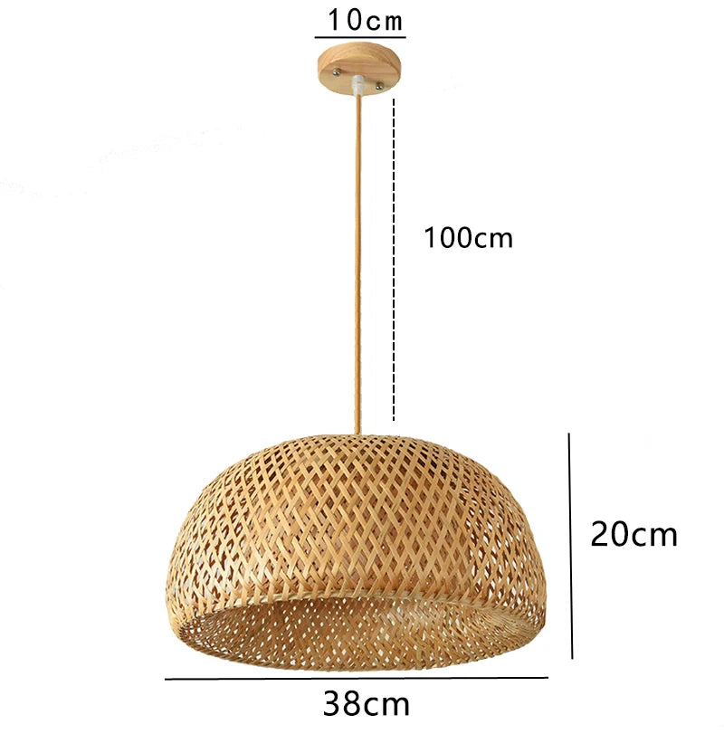 Handmade Bamboo Pendant Lamp – 38cm Natural Rattan Wicker Hanging Light with E27 LED Lampshade