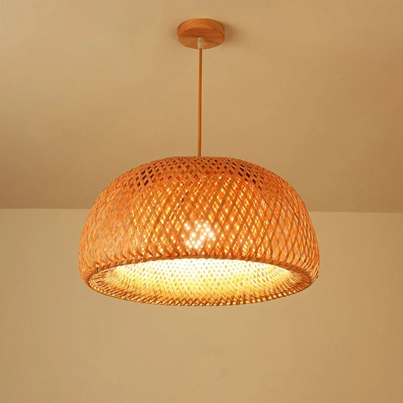 Handmade Bamboo Pendant Lamp – 38cm Natural Rattan Wicker Hanging Light with E27 LED Lampshade