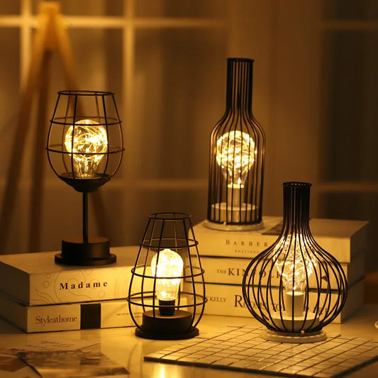 Iron Cage LED Night Light – Battery-Powered Decorative Table Lamp for Bedroom & Living Room