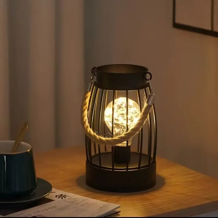 Iron Cage LED Night Light – Battery-Powered Decorative Table Lamp for Bedroom & Living Room
