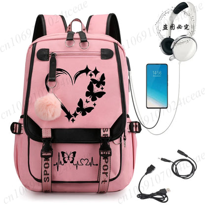 HeartWings™ – Elegante mochila escolar USB con estampado de mariposas y corazones 