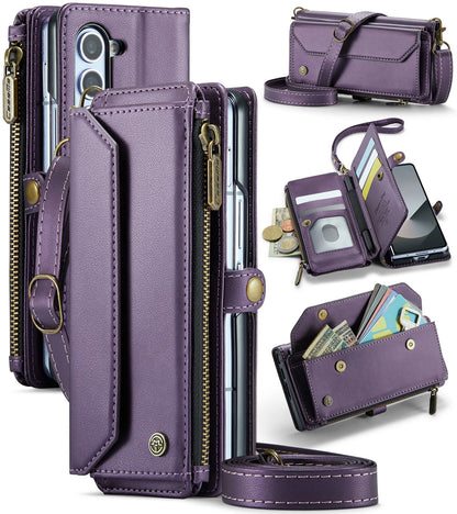 Étui portefeuille pour Samsung Galaxy Z Fold – Cuir PU avec sangle, fermeture éclair et porte-cartes (modèles 4/5/6/7)
