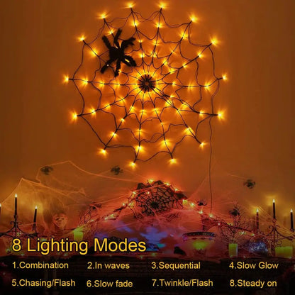 Halloween Spider Web String Lights – 1.2m 70-LED Waterproof Purple Net Light for Party & Outdoor Decor