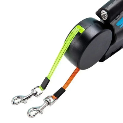 3M Retractable Leash for 2 Dogs with Flashlight & Poop Bag Holder