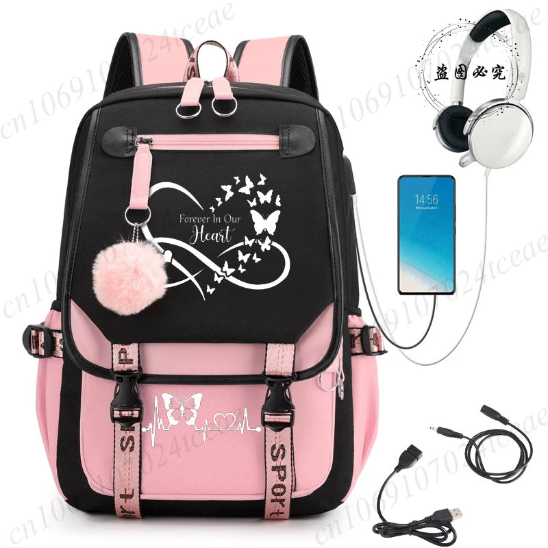 HeartWings™ – Elegante mochila escolar USB con estampado de mariposas y corazones 