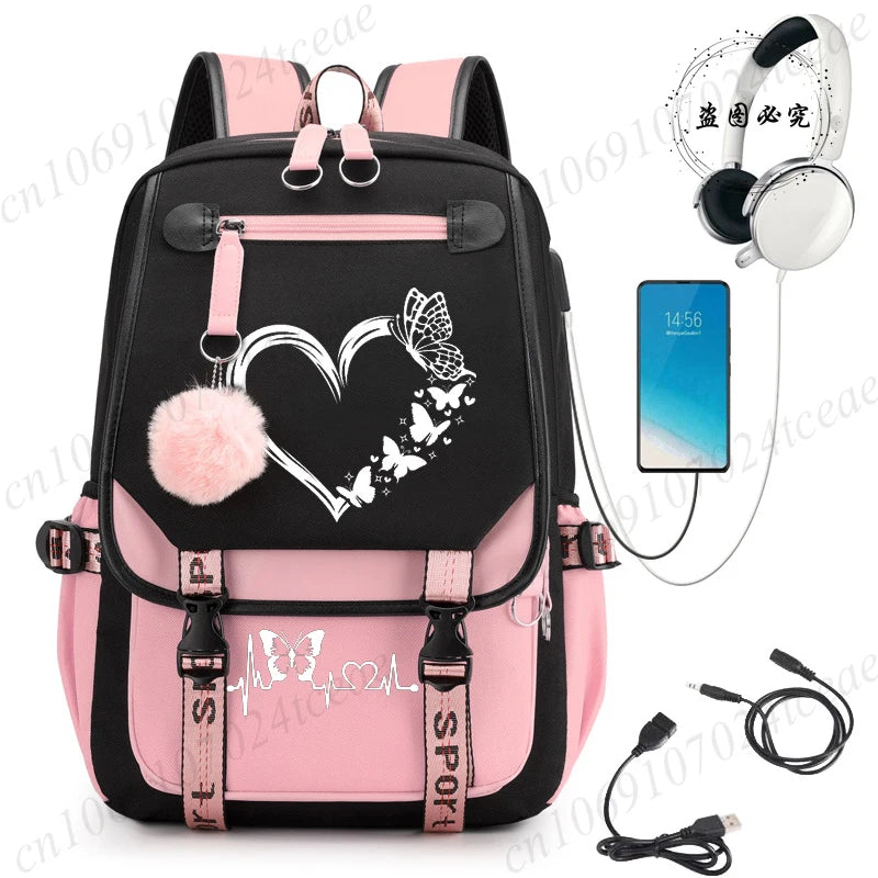 HeartWings™ – Elegante mochila escolar USB con estampado de mariposas y corazones 