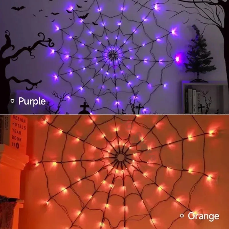 Halloween Spider Web String Lights – 1.2m 70-LED Waterproof Purple Net Light for Party & Outdoor Decor