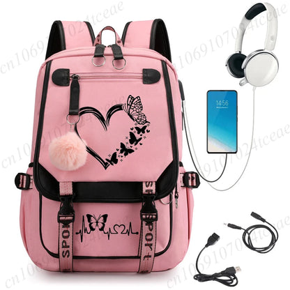 HeartWings™ – Elegante mochila escolar USB con estampado de mariposas y corazones 