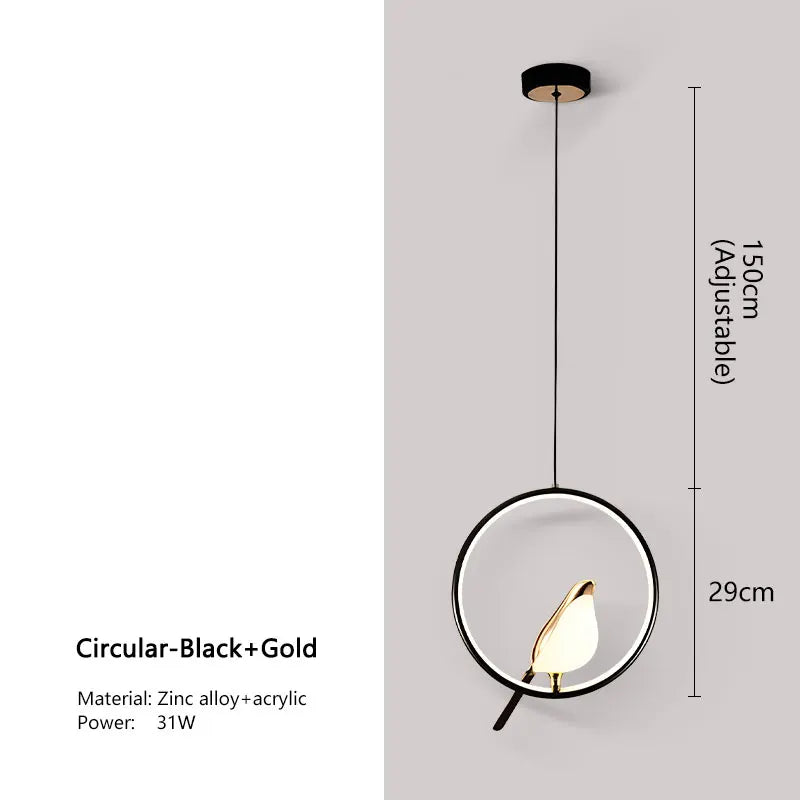 Magpie Bird LED Pendant Lamp – Modern Black & Silver Hanging Light for Bedroom & Living Room