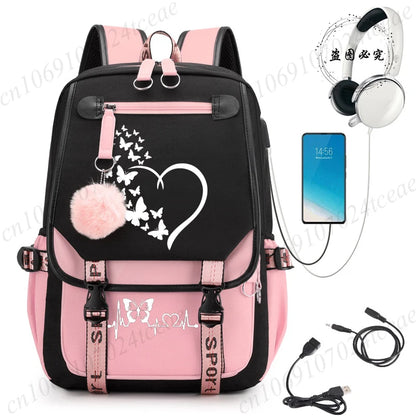 HeartWings™ – Elegante mochila escolar USB con estampado de mariposas y corazones 