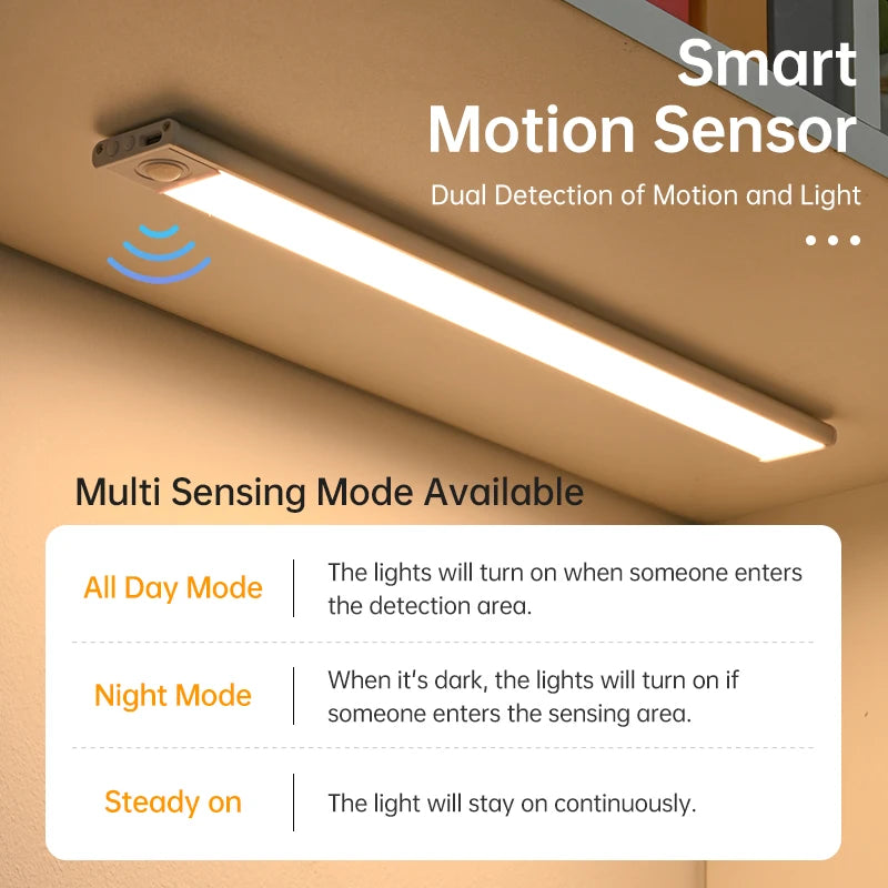 LED Motion Sensor Night Light – Wireless USB Wardrobe & Cabinet Lamp, 20/30/40/60CM for Kitchen & Bedroom
