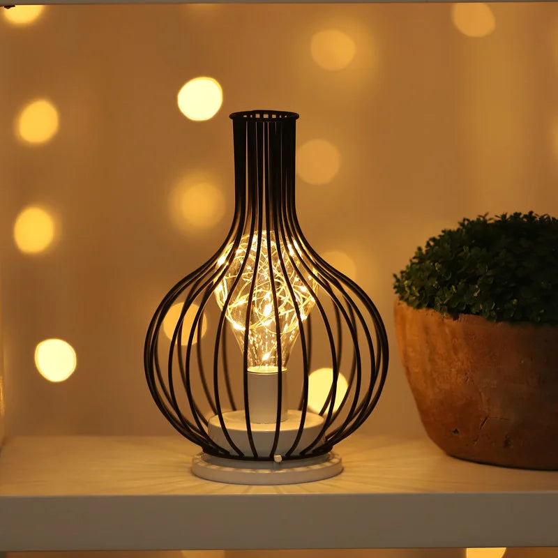 Iron Cage LED Night Light – Battery-Powered Decorative Table Lamp for Bedroom & Living Room